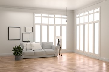 White Room Interior Scandinavian style - Modern room with white sofa and pillow with frame lamp and plants, wooden floor on empty white wall background. 3D rendering