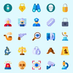 icons set about Crime Investigation. with criminal, razor, skull, poison, evidence and microscope