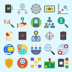 icons set about Marketing. with search, worldwide, smartphone, pie chart, growth and teamwork