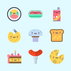 Icons about Food with watermelon, cheese, hot dog, soda, toast and fortune cookie