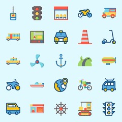 icons set about Transportation. with bus, rudder, all terrain, scooter, car key and propeller