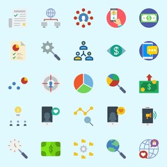 icons set about Marketing. with teamwork, search, pie chart, settings, user and networking