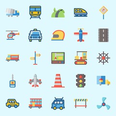 icons set about Transportation. with taxi, propeller, direction sing, cone, rudder and traffic light