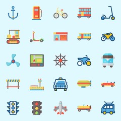 icons set about Transportation. with double decker, sport  car, road block, van, gas station and propeller