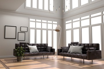 Interior Room Design - Living Room White Scandinavian style with wooden floor and white wall background. 3D rendering