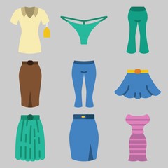 Icon set about Women Clothes with keywords shirt, pants, skirt, dress and thong