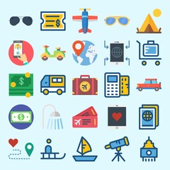 icons set about Travel. with route, sleigh, location, van, point of service and sailboat