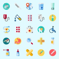 Icons set about Medical with pharmacy, spray, thermometer, band aid, yoga and tooth
