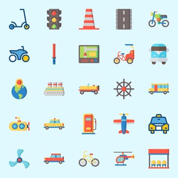 icons set about Transportation. with traffic light, car, plane, bicycle, scooter and van