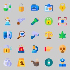 icons set about Crime Investigation. with eye scan, point, security camera, flashlight, pipe and siren