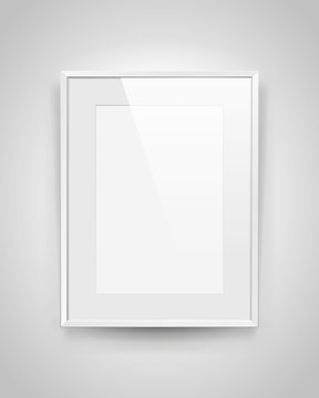 Realistic empty rectangular white frame with passepartout on gray background, border for your creative project, mock-up sample, picture on the wall, vector design object