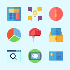 Icons about Business with pie chart, inbox, search, idea, worker and info