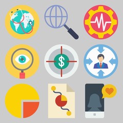 Icon set about Marketing with keywords smartphone, worldwide, target, pie chart, settings and search