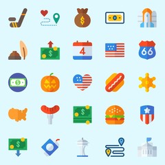 icons set about United States. with usa, route, hockey, pumpkin, money and rocket ship