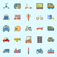 Icons set about Transportation with gps, van, motorbike, zeppelin, tram and helmet