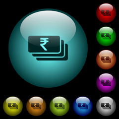 Indian Rupee banknotes icons in color illuminated glass buttons
