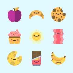 Icons about Food with cupcake, fried egg, croissant, apple, cookie and chocolate