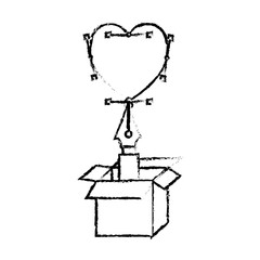 heart design fountain pen cardboard box package send pack draw vector illustration