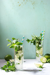 Two glasses of classic mojito cocktail with fresh mint, limes, crushed ice, retro cocktail tubes with ingredients above. Pin up style, sunlight, green background.