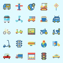 Icons set about Transportation with propeller, plane, gps, scooter, garage and bus stop