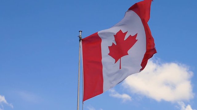 Canadian flag waving in the sky- slow motion