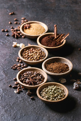 Variety of grounded, instant coffee, different coffee beans, brown sugar, spices in wooden bowls over dark texture background. Copy space