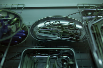 Fototapeta premium set of sterile medical instruments in clinic or hospital. medicine, surgery, emergency concept