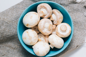 Fresh mushrooms. Raw vegetable. natural plant leaf. healthy and vegetarian or organic bio food. top view. close up
