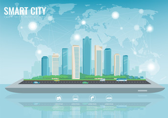 Smart city on a digital touch screen tablet with different icon. City with infographic elements. Vector