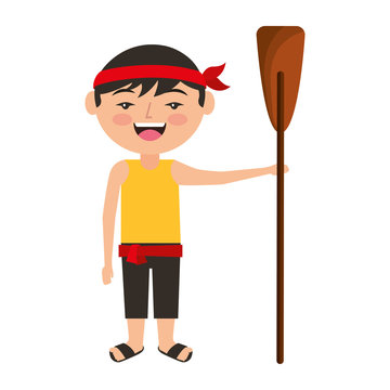 funny cartoon chinese man standing holding wooden oar vector illustration