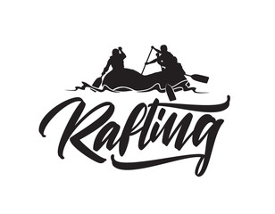 Hand drawn lettering type of Rafting with silhouette of team in boat. Typography emblem design - obrazy, fototapety, plakaty