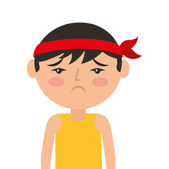 portrait cartoon sad man chinese with head band vector illustration