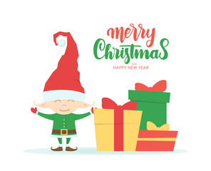 Greeting card with cartoon character of little Elf, gift boxes and handwritten lettering of Merry Christmas