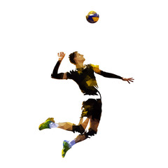 Fototapeta na wymiar Polygonal volleyball player serving ball, geometric vector illustration