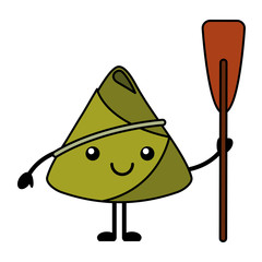 kawaii happy rice dumpling holding wooden oar vector illustration