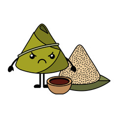 kawaii angry rice dumpling with sauce cartoon vector illustration