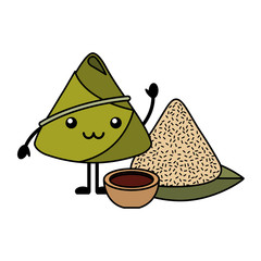 kawaii happy rice dumpling with sauce cartoon vector illustration