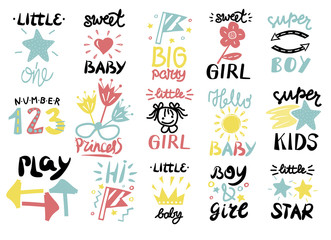 Fototapeta premium Set of 15 children logo with handwriting Little boy,Sweet girl, Hi, Princess, Baby, Hello, One, Play, Super, Number, Star.