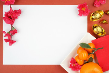 Chinese New Year background with festival decorations. Chinese characters means blessing, luck and prosperity