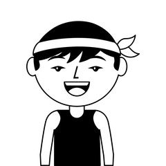 portrait happy cartoon man chinese with head band vector illustration black and white design