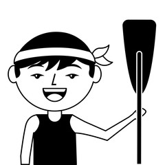 portrait cartoon man chinese with wooden oar vector illustration black and white design