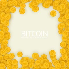 Scattered gold bitcoins. Flat design.
