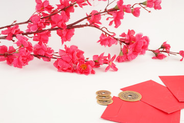 Chinese New Year background with festival decorations. Chinese characters means blessing, luck and...