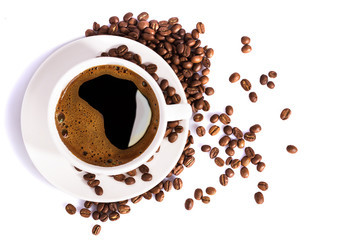 White cup with coffee beans