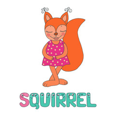 Cute squirrel with closed eyes in pink dress