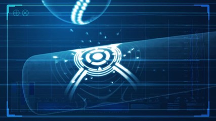 A futuristic baseball bat and ball with neon lights and glows connecting in slow motion overlaid with a blue tinted futuristic technical data analysis interface - Powered by Adobe