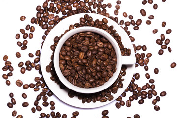 Coffee beans in coffee cup isolated on white