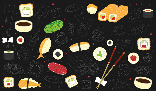 vector background of set of different sushi and rolls