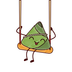 kawaii happy rice dumpling in swing play cartoon vector illustration drawing design