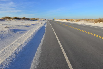 A coastal road on the Pensacola beach area.
